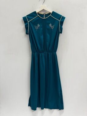 Vintage Teal Midi Dress with Cream Piping